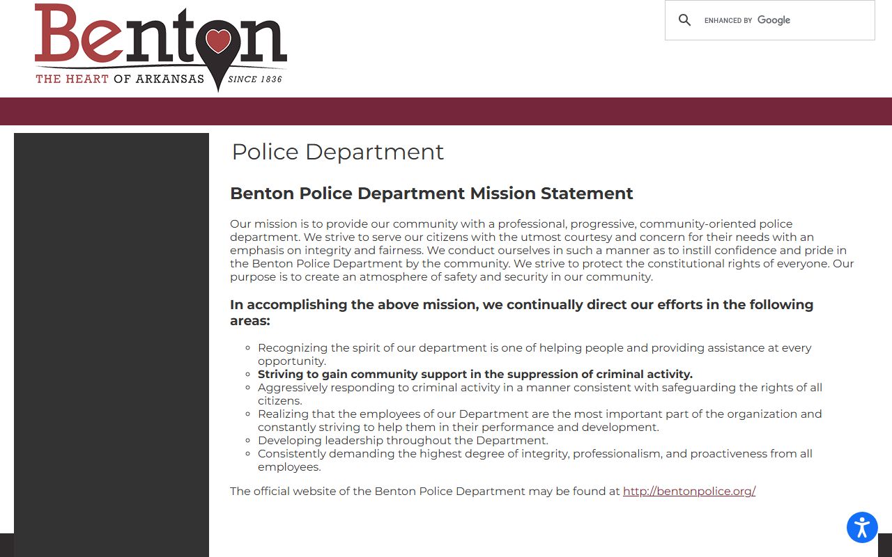 Benton Police Department page with Benton recent bookings info