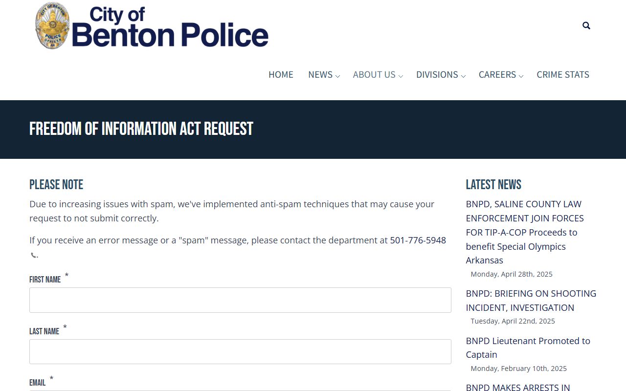 Benton Police Department FOIA page for Benton recent bookings