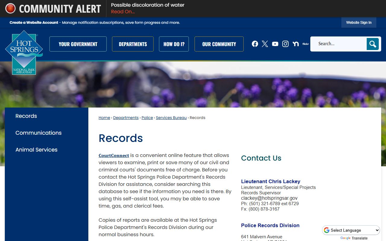 Hot Springs Records Division page for Hot Springs recent bookings