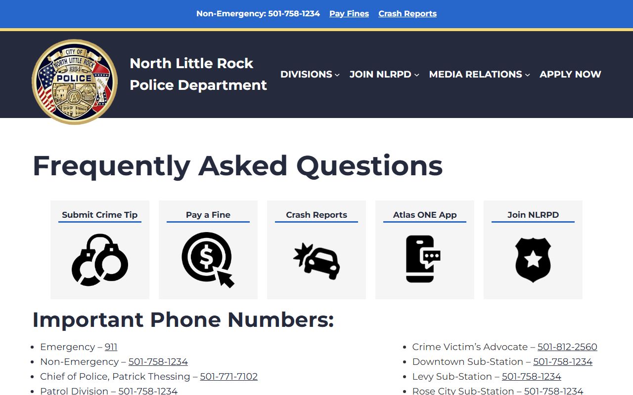 North Little Rock Police FAQs page covering recent bookings and FOIA