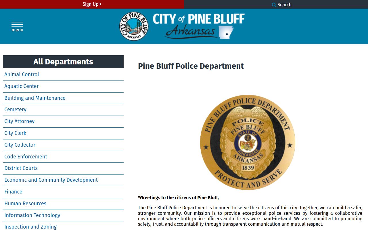 Pine Bluff Police Department page with Pine Bluff recent bookings info