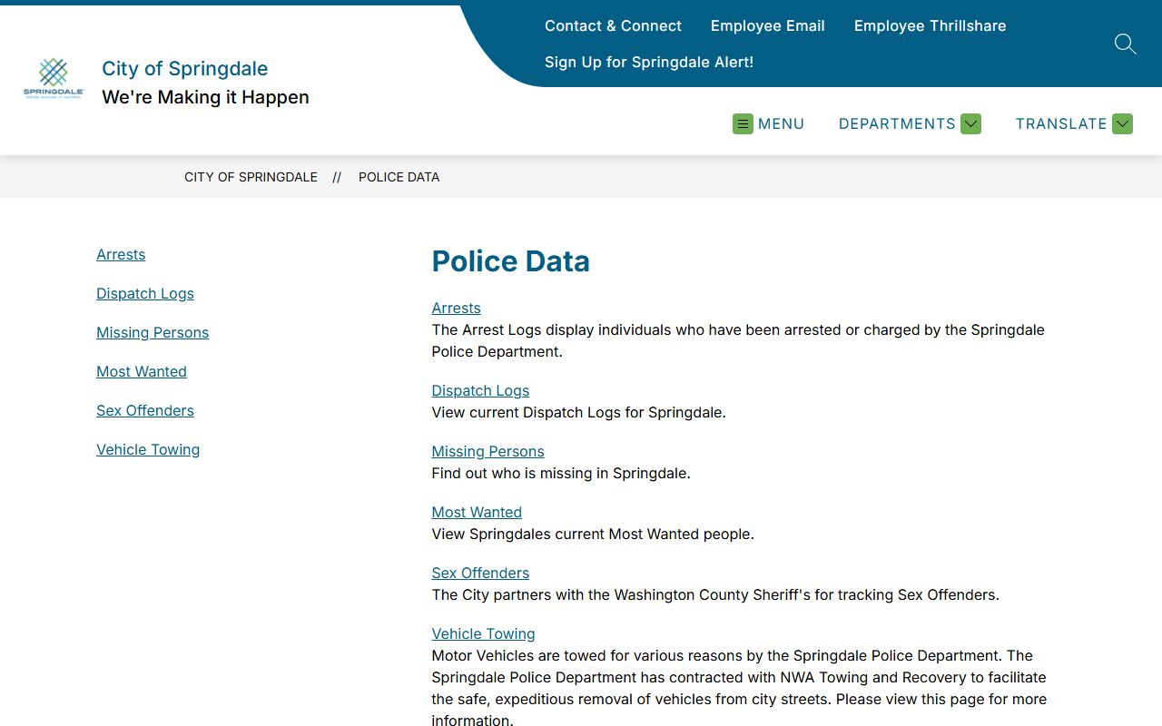 Springdale Police Department data page for Springdale recent bookings