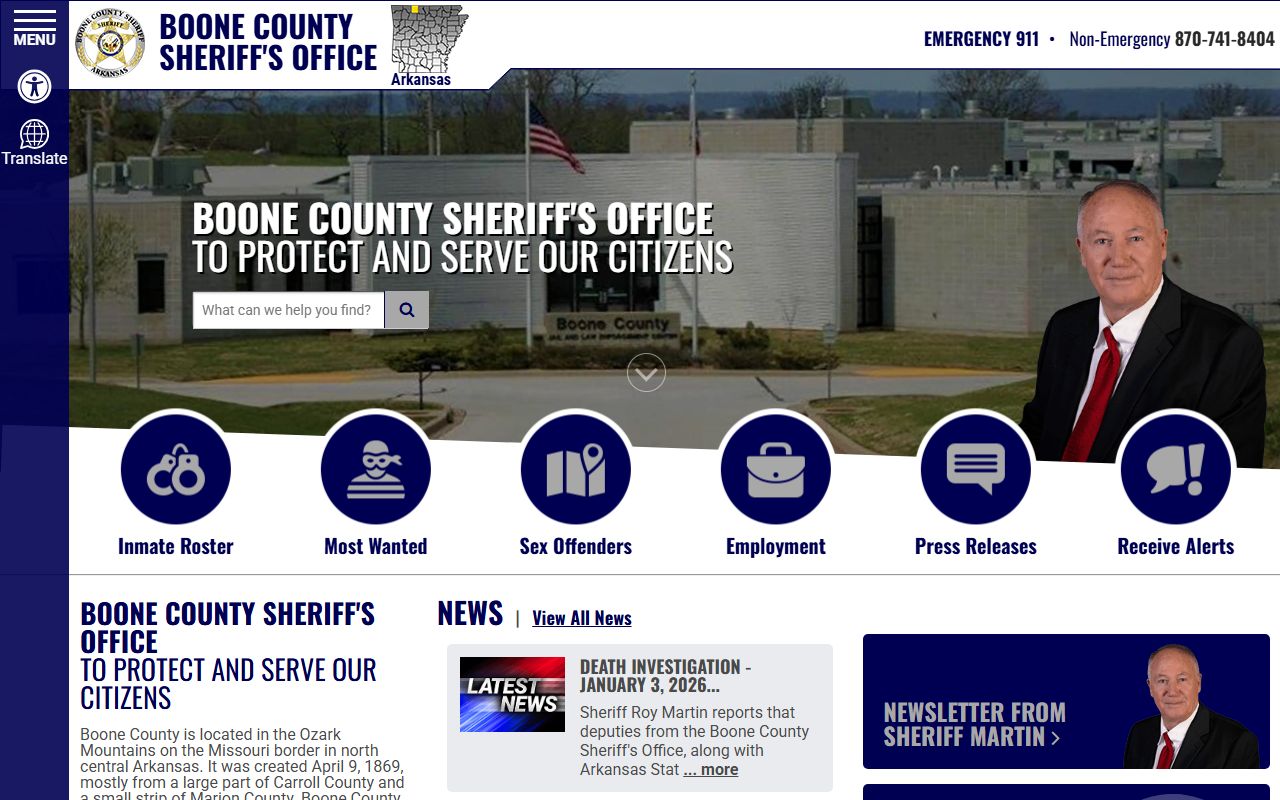 Boone County Sheriff's Office website with jail and booking links