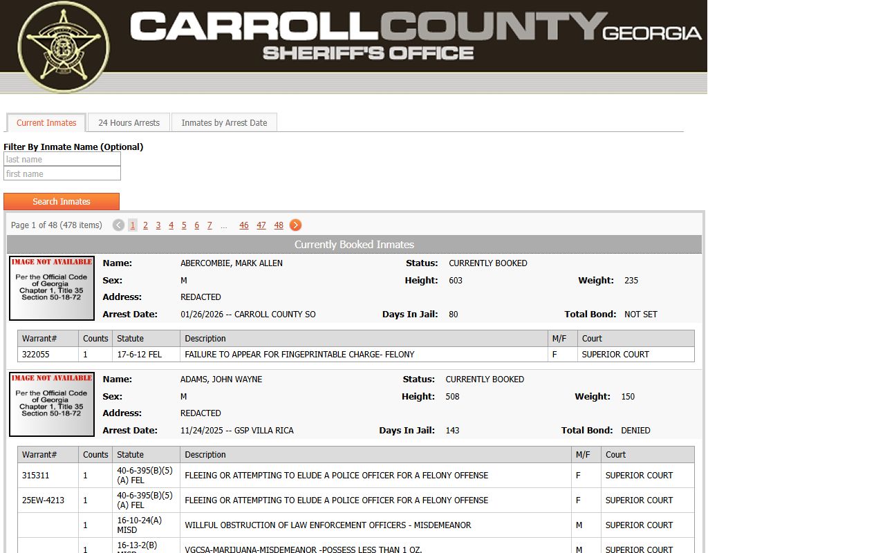 Carroll County online roster for recent bookings and jail inmate lookup