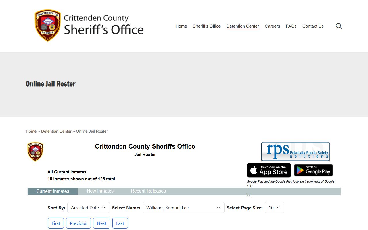 Crittenden County jail detention and recent bookings roster page