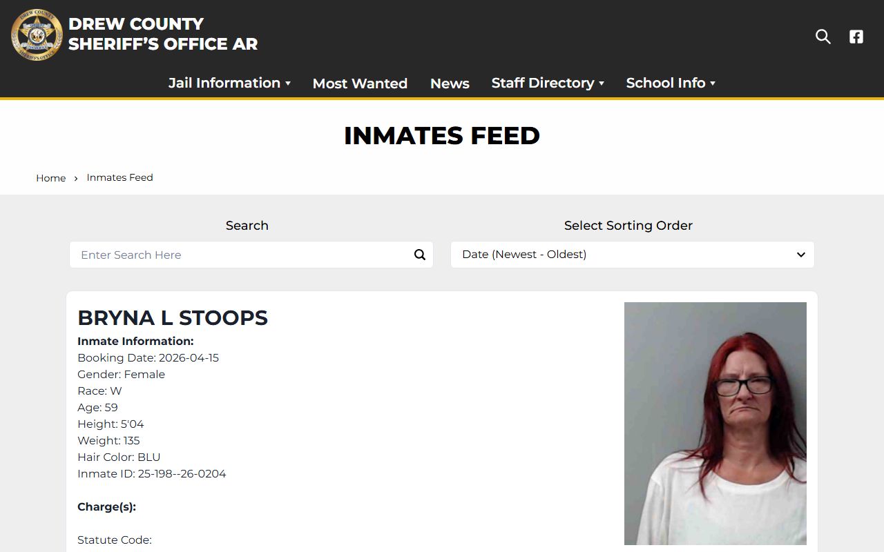 Drew County Detention Center inmate feed with Drew County recent bookings