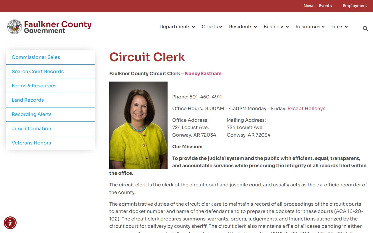 Faulkner County Circuit Clerk page linked to recent bookings court files