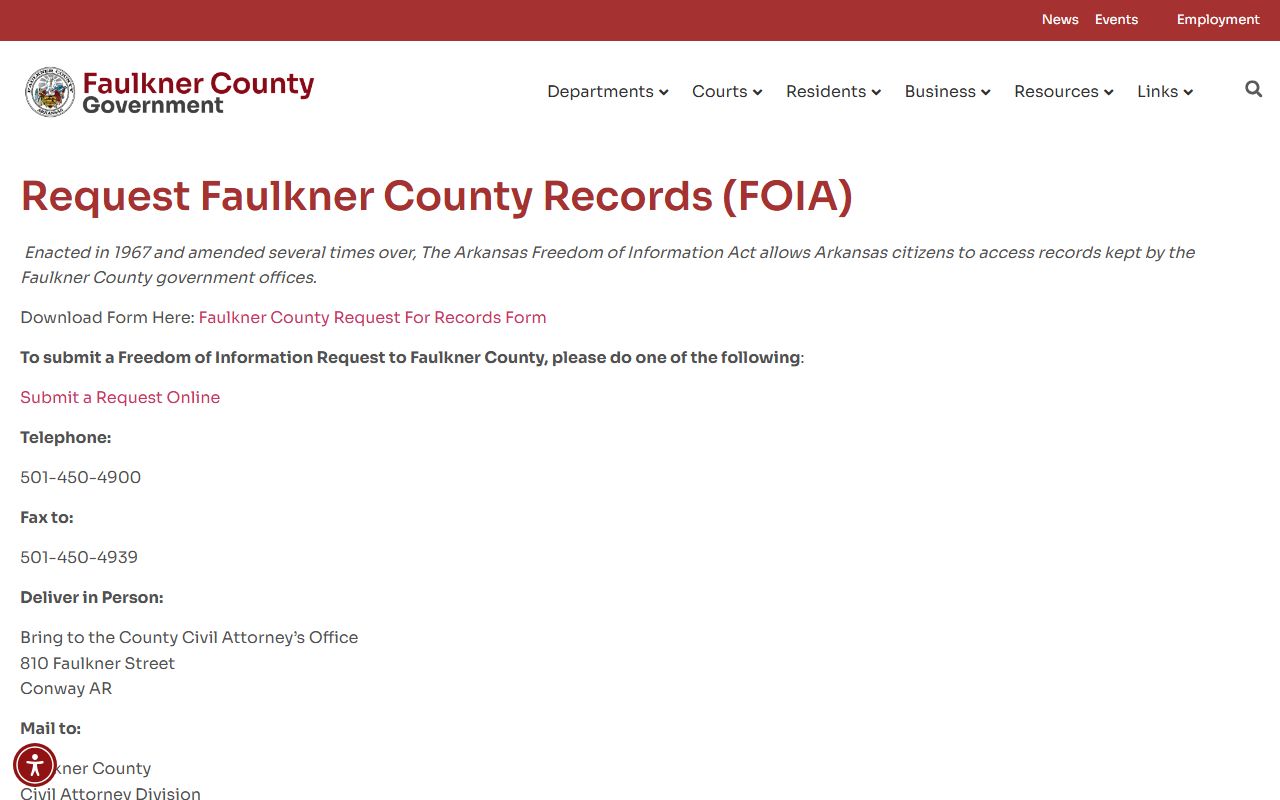 Faulkner County FOIA portal for booking records and jail request forms