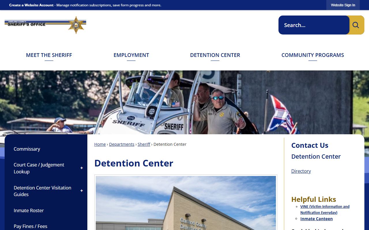 Garland County Detention Center page with Hot Springs recent bookings