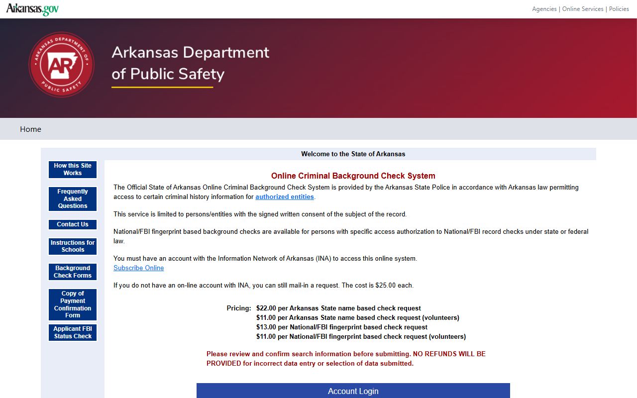Arkansas State Police background checks page used for Garland County records