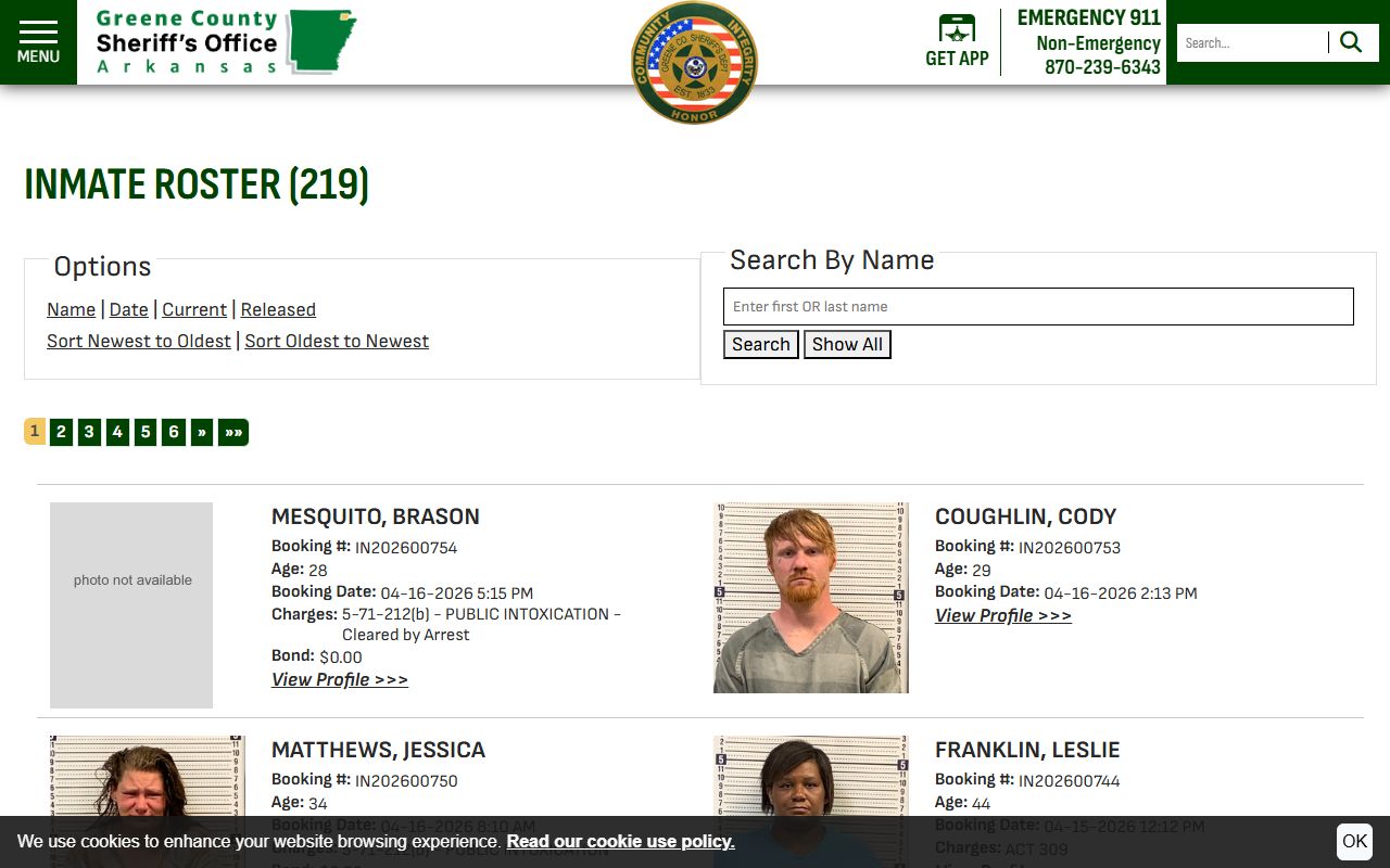 Greene County inmate roster with Paragould recent bookings data
