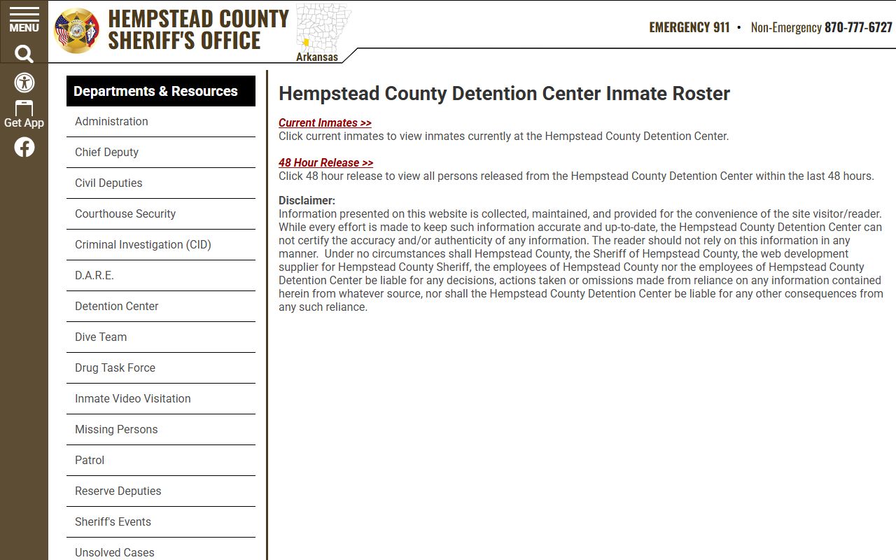 Hempstead County sheriff inmate roster page for recent bookings