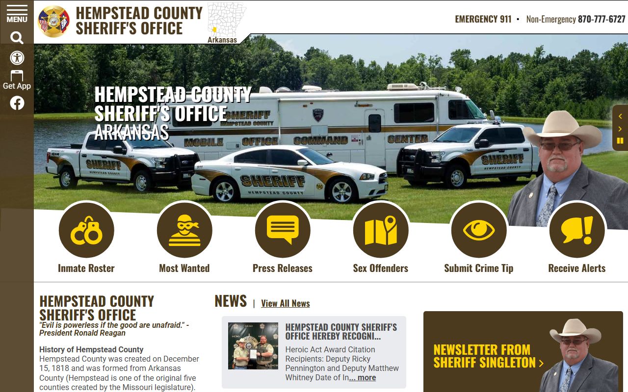 Hempstead County Sheriff site with recent bookings and jail roster links