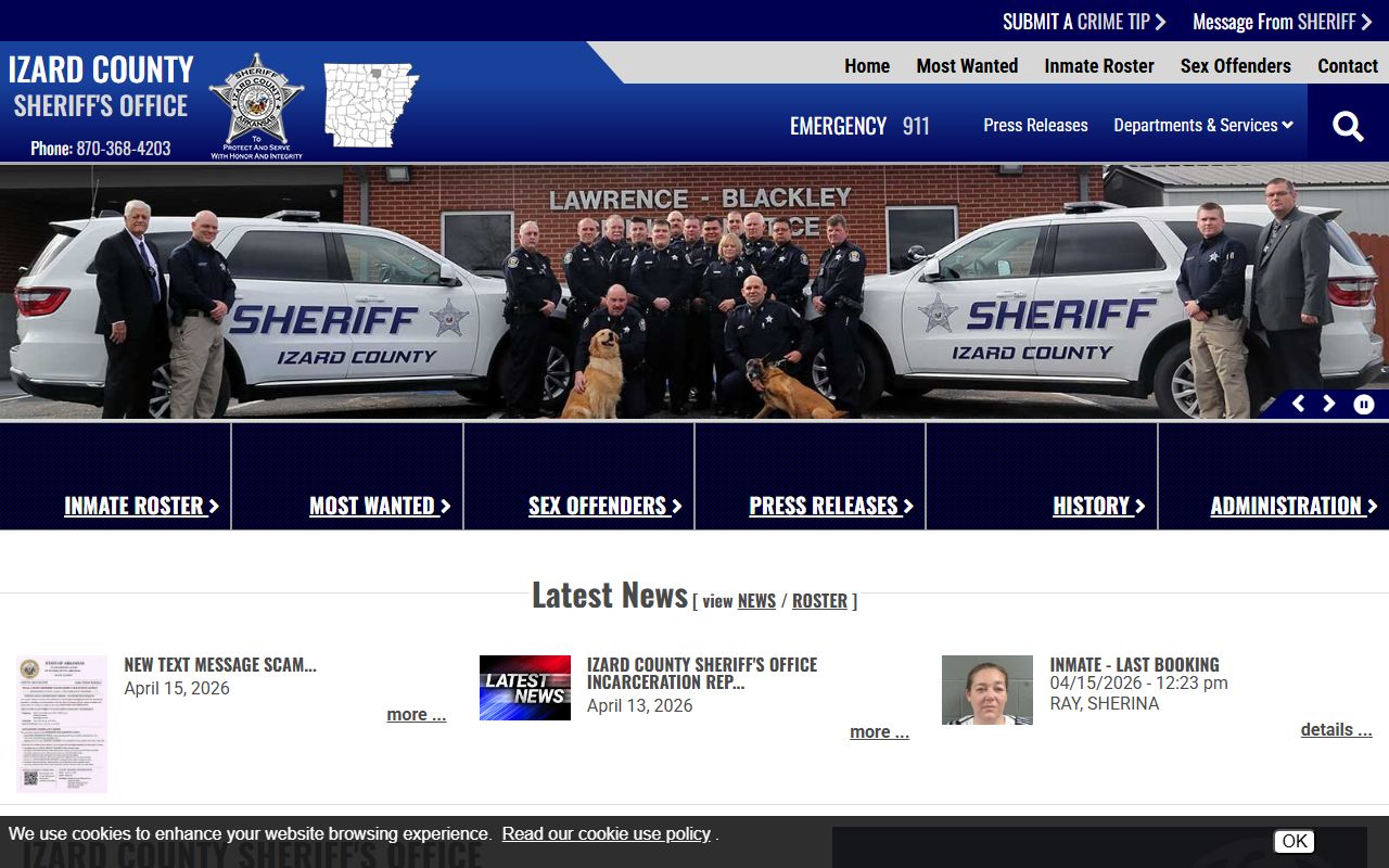 Izard County Sheriff's Office website supporting recent bookings lookup