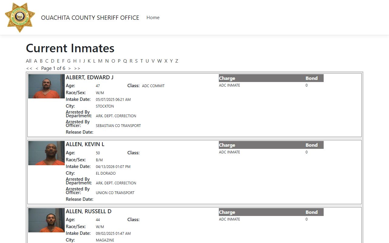 Ouachita County ISOMS jail portal showing recent bookings and inmate roster