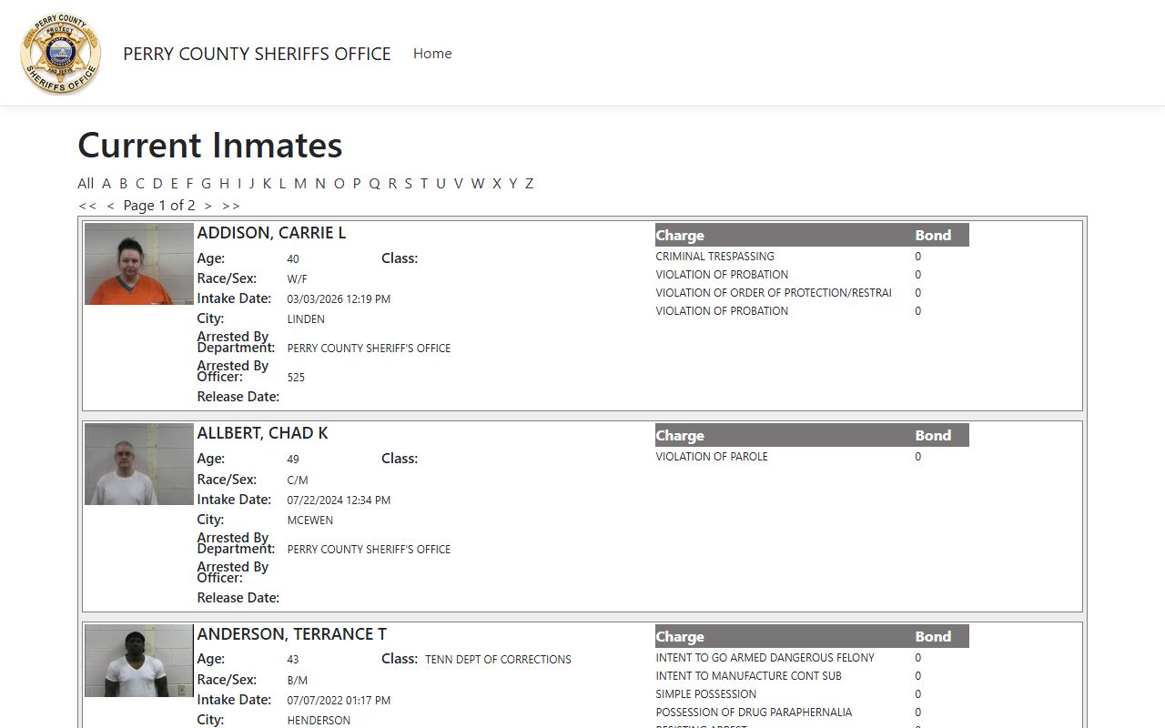 Perry County ISOMS jail portal listing recent bookings and inmate roster