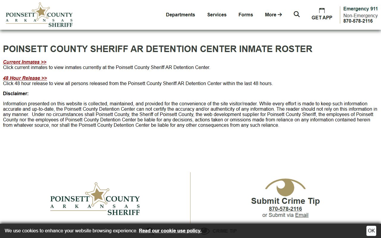Poinsett County inmate roster page listing recent bookings with photos and charges