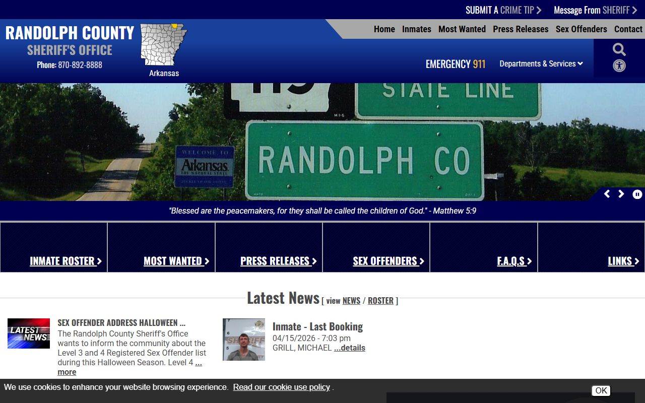 Randolph County Sheriff's Office website for Randolph County recent bookings