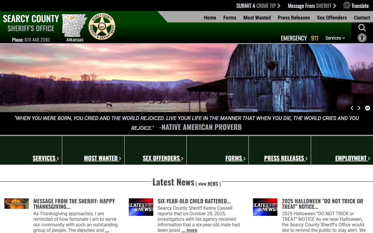 Searcy County Sheriff's Office website showing recent bookings and jail roster access