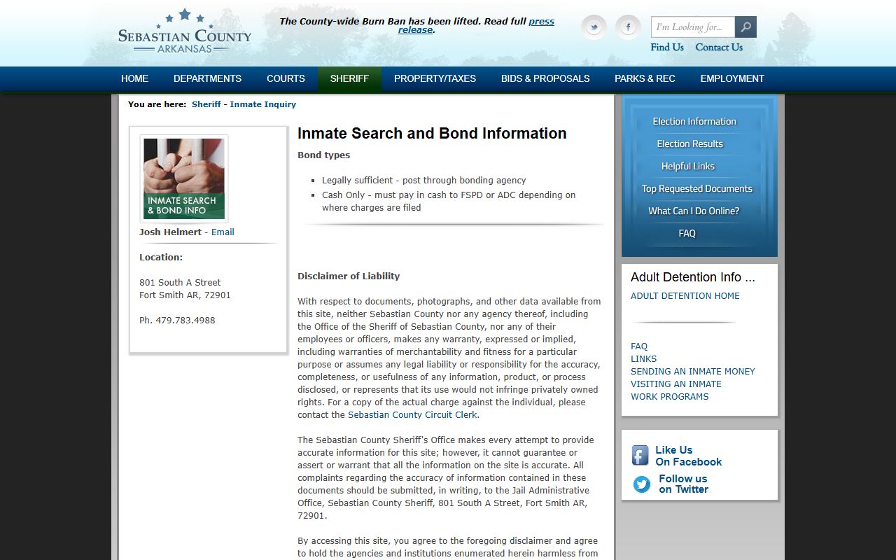 Sebastian County Sheriff inmate inquiry for Fort Smith recent bookings