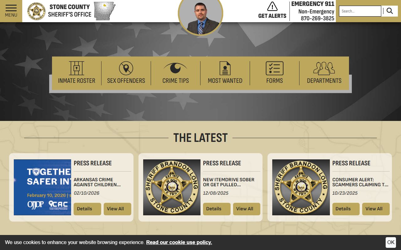 Stone County Sheriff's Office website with jail roster for recent bookings