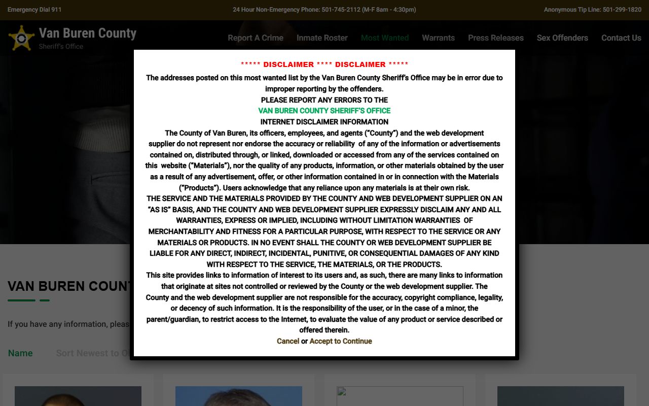 Van Buren County Most Wanted page tied to recent bookings and warrants