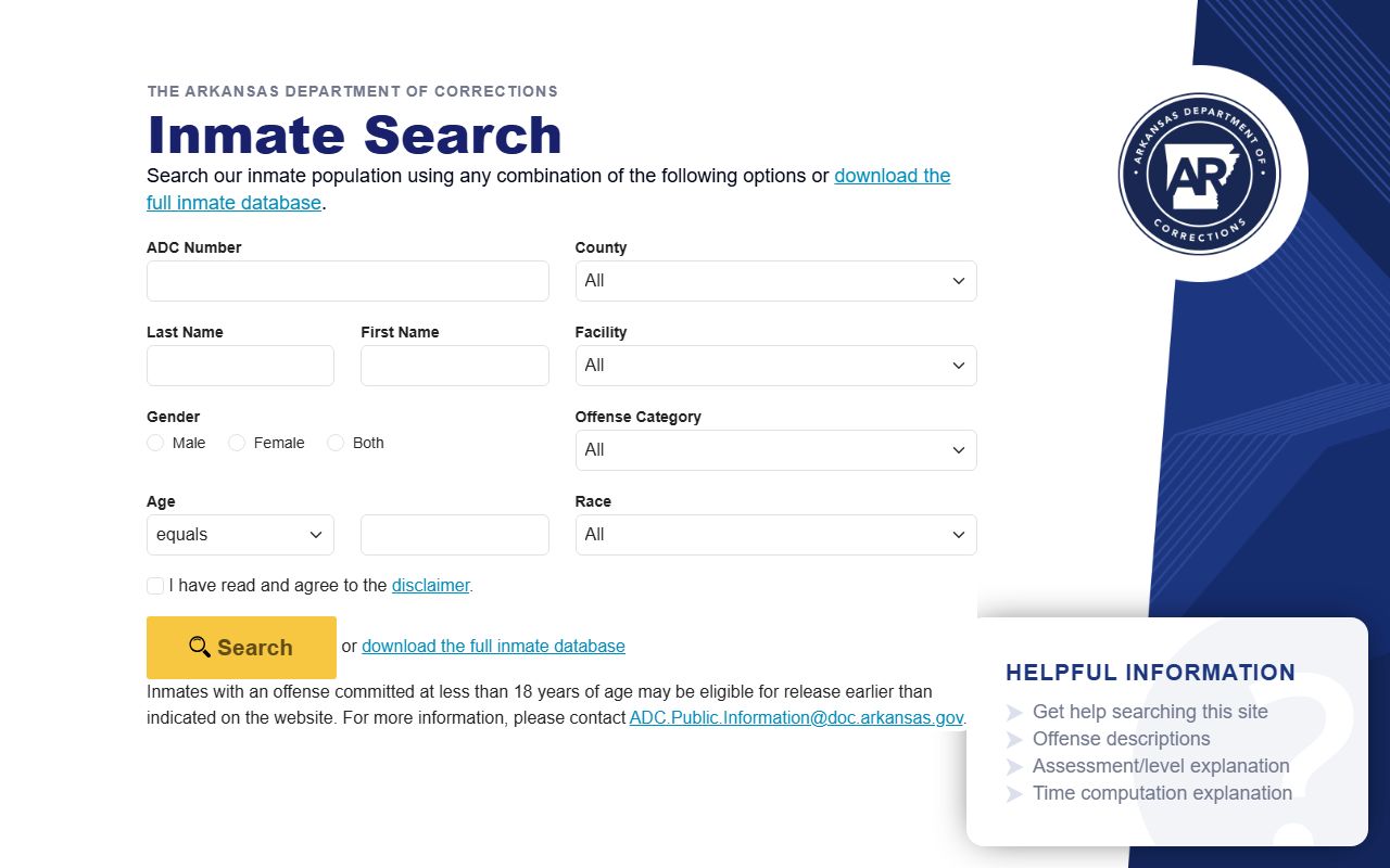 Arkansas Division of Correction inmate search portal showing recent bookings data