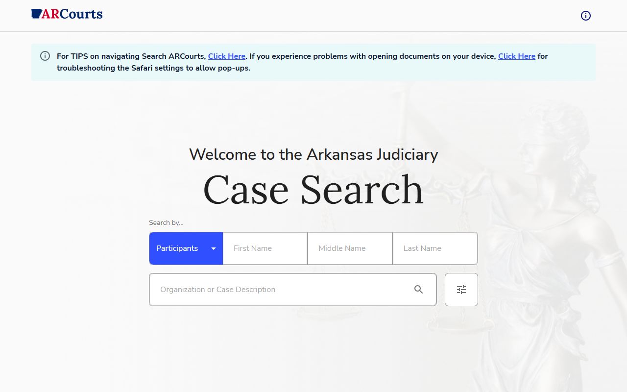 Arkansas Judiciary CourtConnect case search portal for Arkansas recent bookings